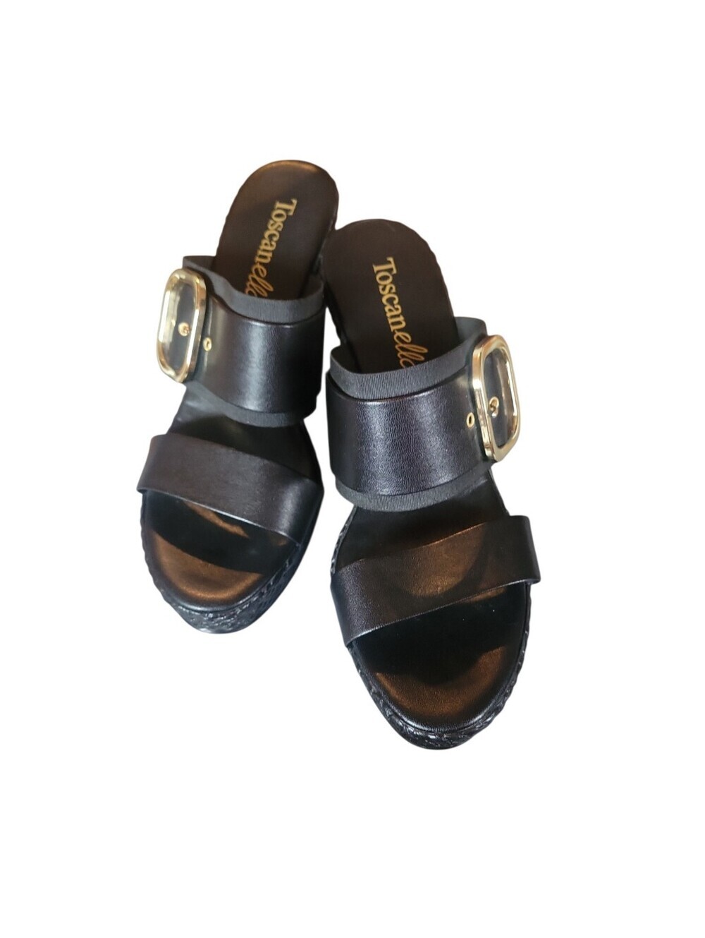 Toscanella Women's Wedge Black Slide Sandals with Gold Buckle Accent Italy Sz 9
